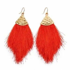 Red Tassel Earrings Hammered Gold Fan Boho Statement Dangle Valentine's Day